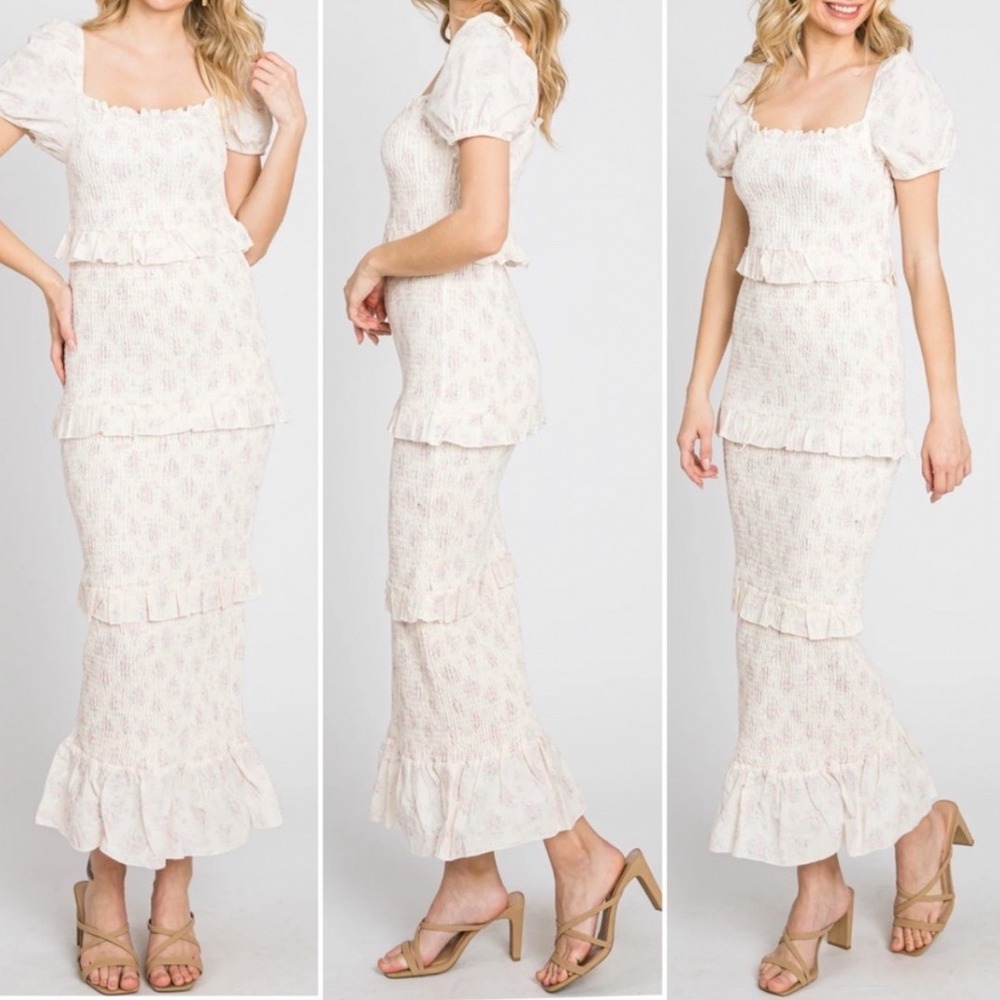 Mable Floral Smocked Maxi Dress 2XL Cream Pink Puff Sleeve Tiered Ruffle MD22371
